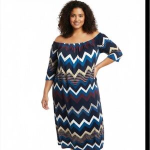 Love Squared Zig Zag Print 3/4 Bell Sleeve Dress Plus Size 2X midi Chevron